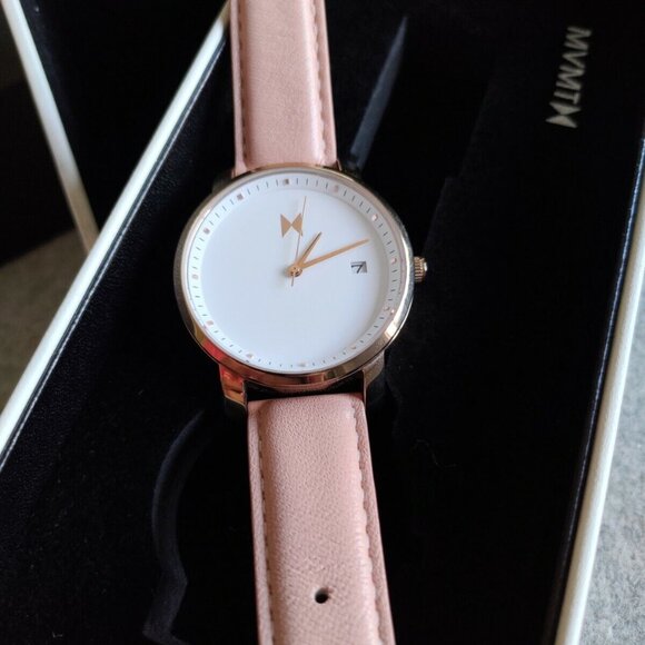 WOMEN'S MVMT 40MM ROSE GOLD WATCH STAINLESS STEEL WHITE DIAL CORAL LEATHER BAND - Picture 6 of 10